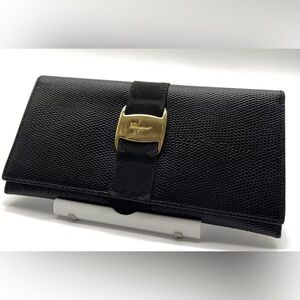 Salvatore Ferragamo Vara Black Leather Long Bifold Wallet Made in ITALY